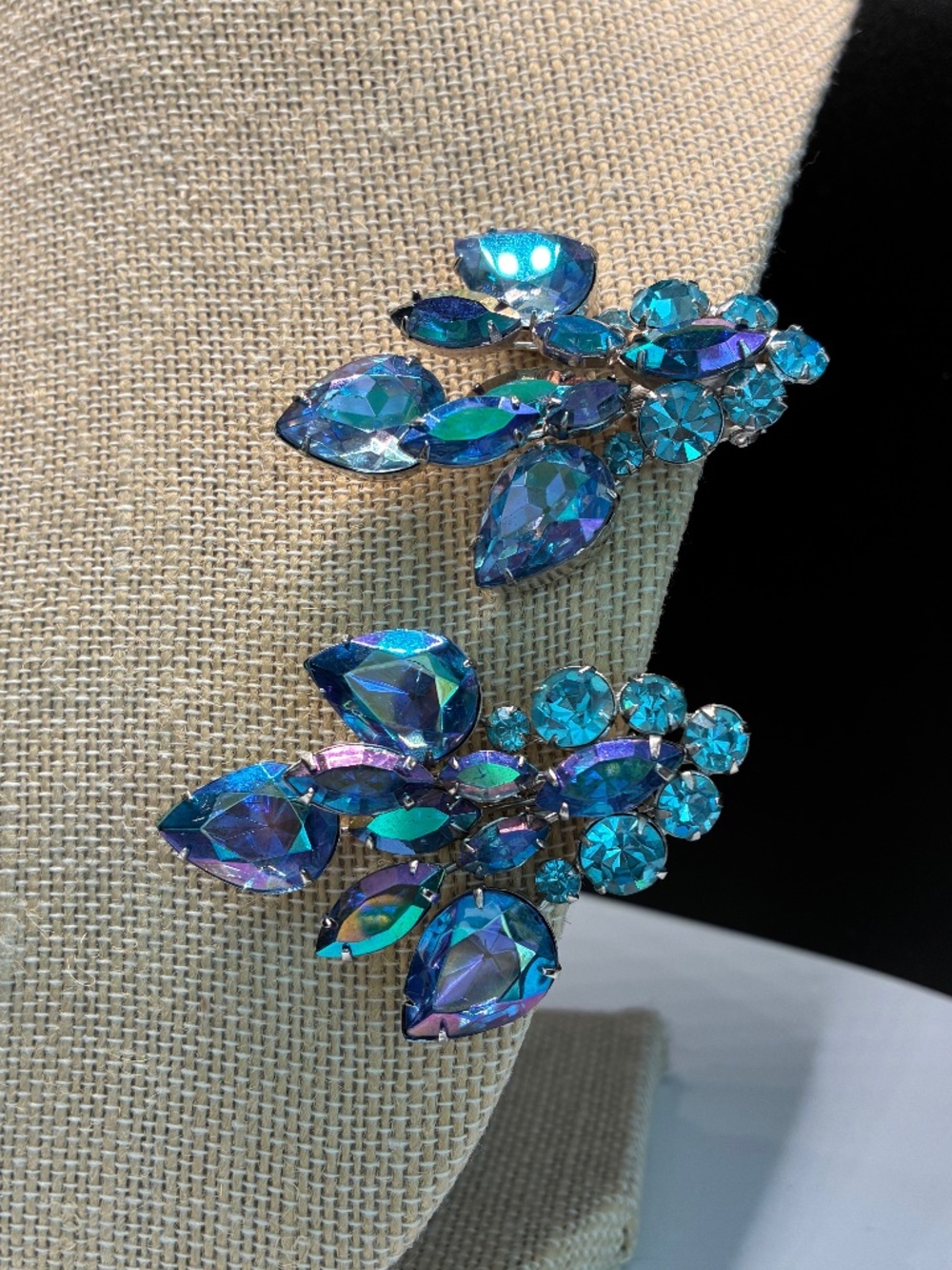 Vintage 1960’s rhinestone floral earrings with blue aurora borealis